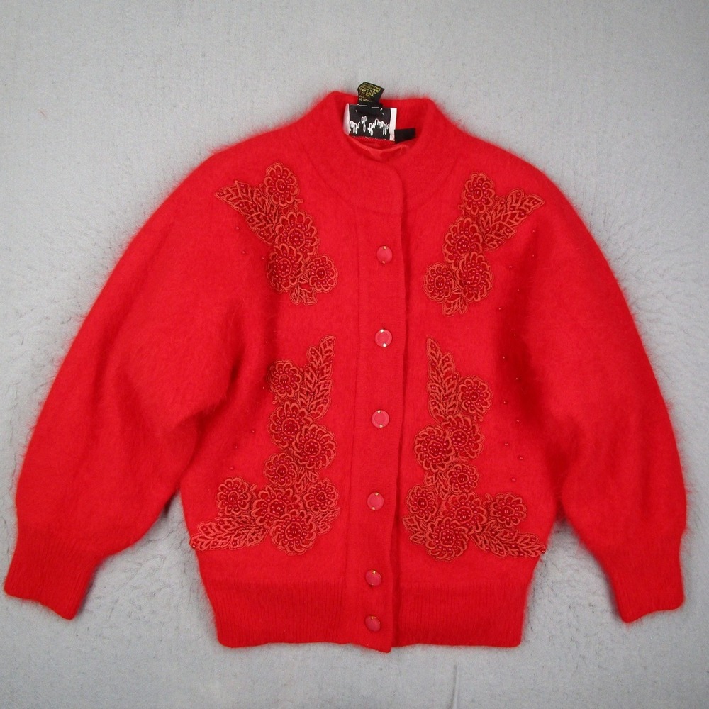 Talk of the Walk Vintage Red Angora Rabbit Hair Beaded Floral Cardigan Sweater M